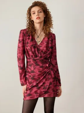 Leaf print v-neck wrap mini dress in wine