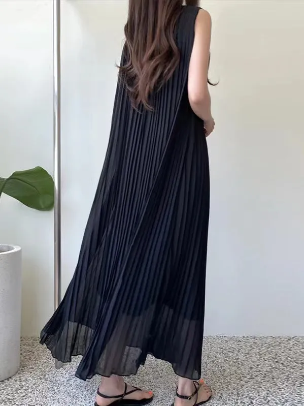 Loose Comfy Tie Waist Pleated Dress