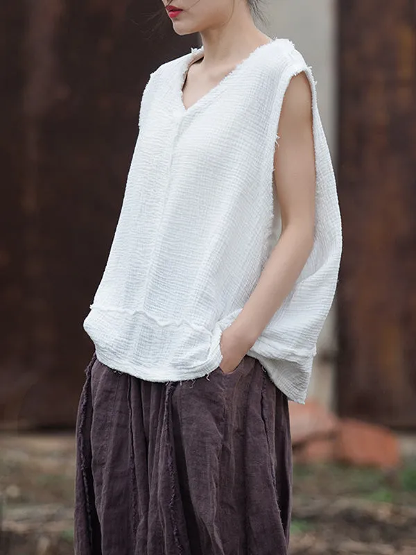 Loose Sleeveless Fringed Pleated Solid Color Split-Joint V-Neck Vest Top