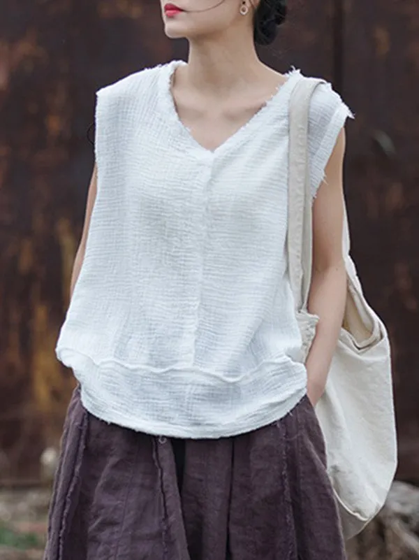 Loose Sleeveless Fringed Pleated Solid Color Split-Joint V-Neck Vest Top