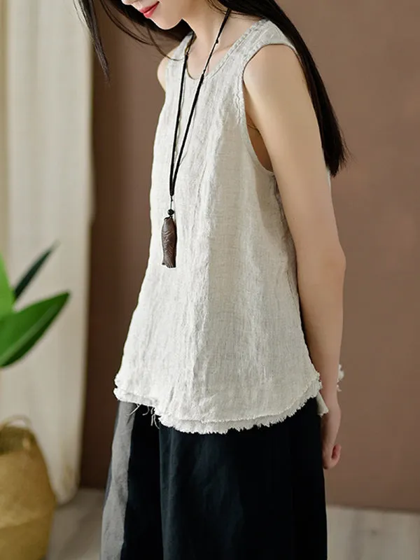 Loose Sleeveless Fringed Solid Color Round-Neck Vest Top