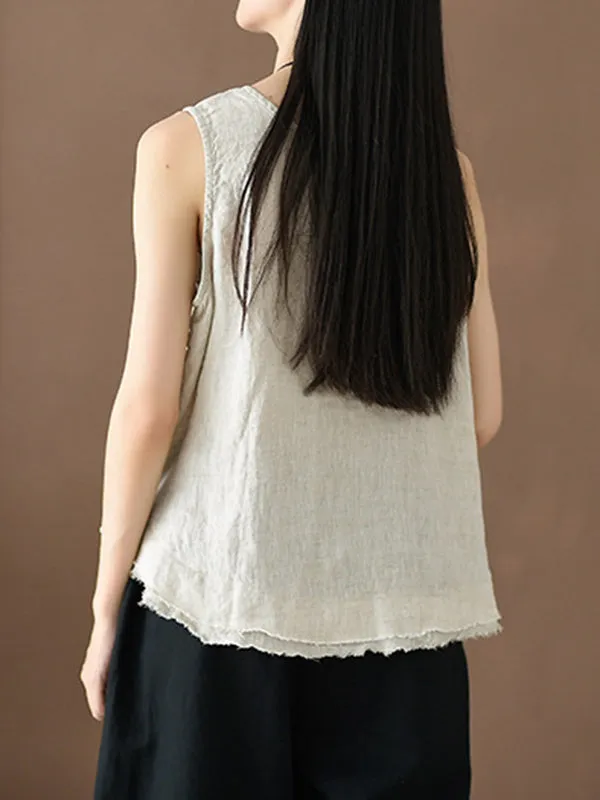 Loose Sleeveless Fringed Solid Color Round-Neck Vest Top