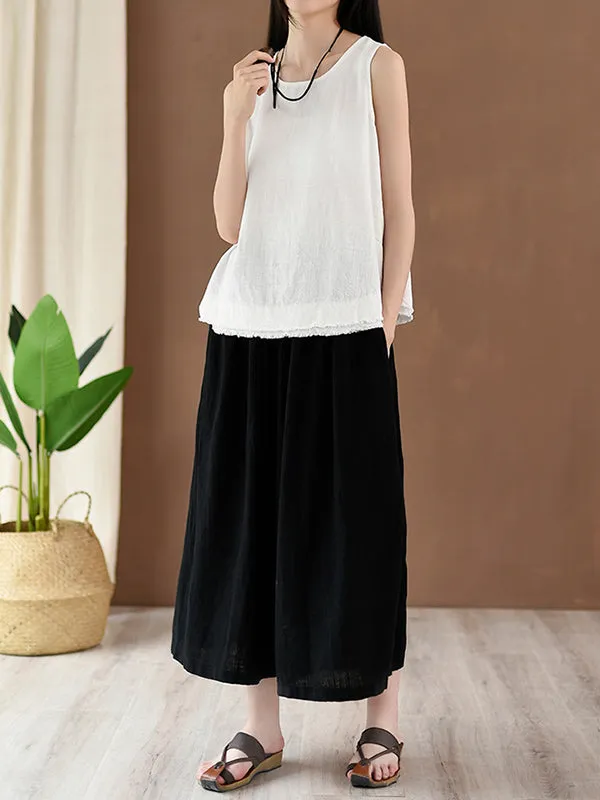 Loose Sleeveless Fringed Solid Color Round-Neck Vest Top