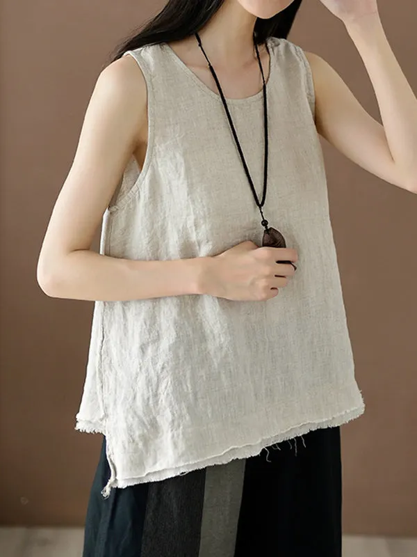 Loose Sleeveless Fringed Solid Color Round-Neck Vest Top