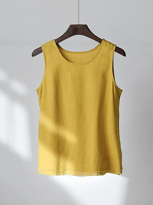 Loose Sleeveless Fringed Solid Color Round-Neck Vest Top