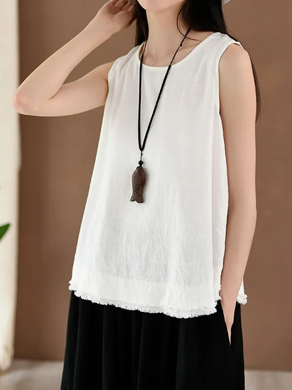 Loose Sleeveless Fringed Solid Color Round-Neck Vest Top