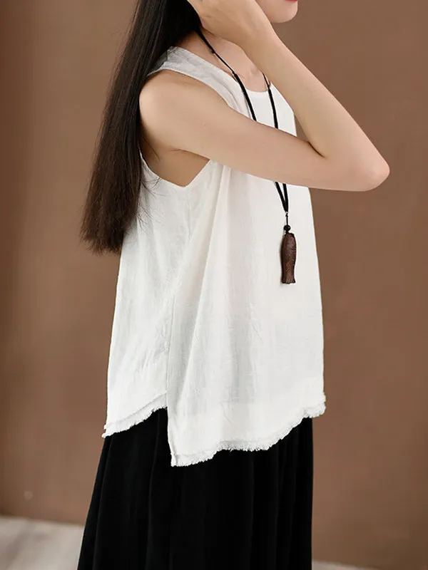 Loose Sleeveless Fringed Solid Color Round-Neck Vest Top