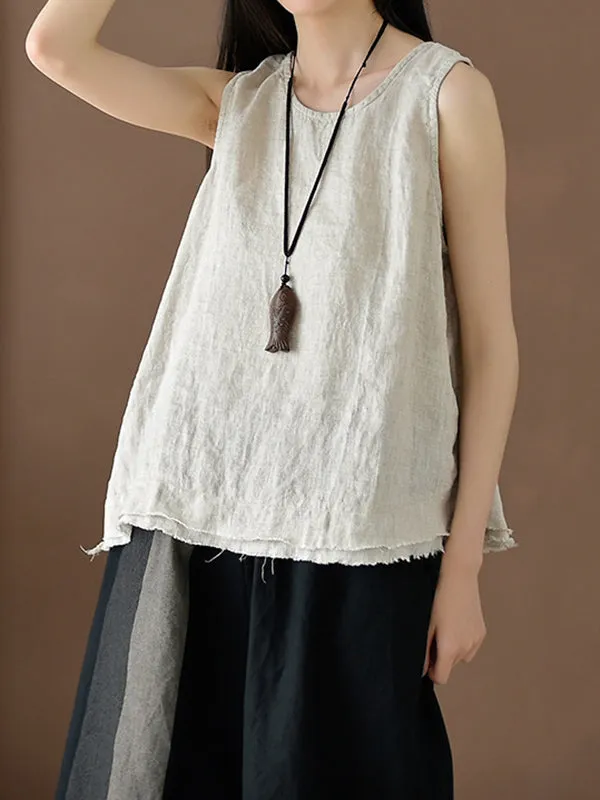 Loose Sleeveless Fringed Solid Color Round-Neck Vest Top