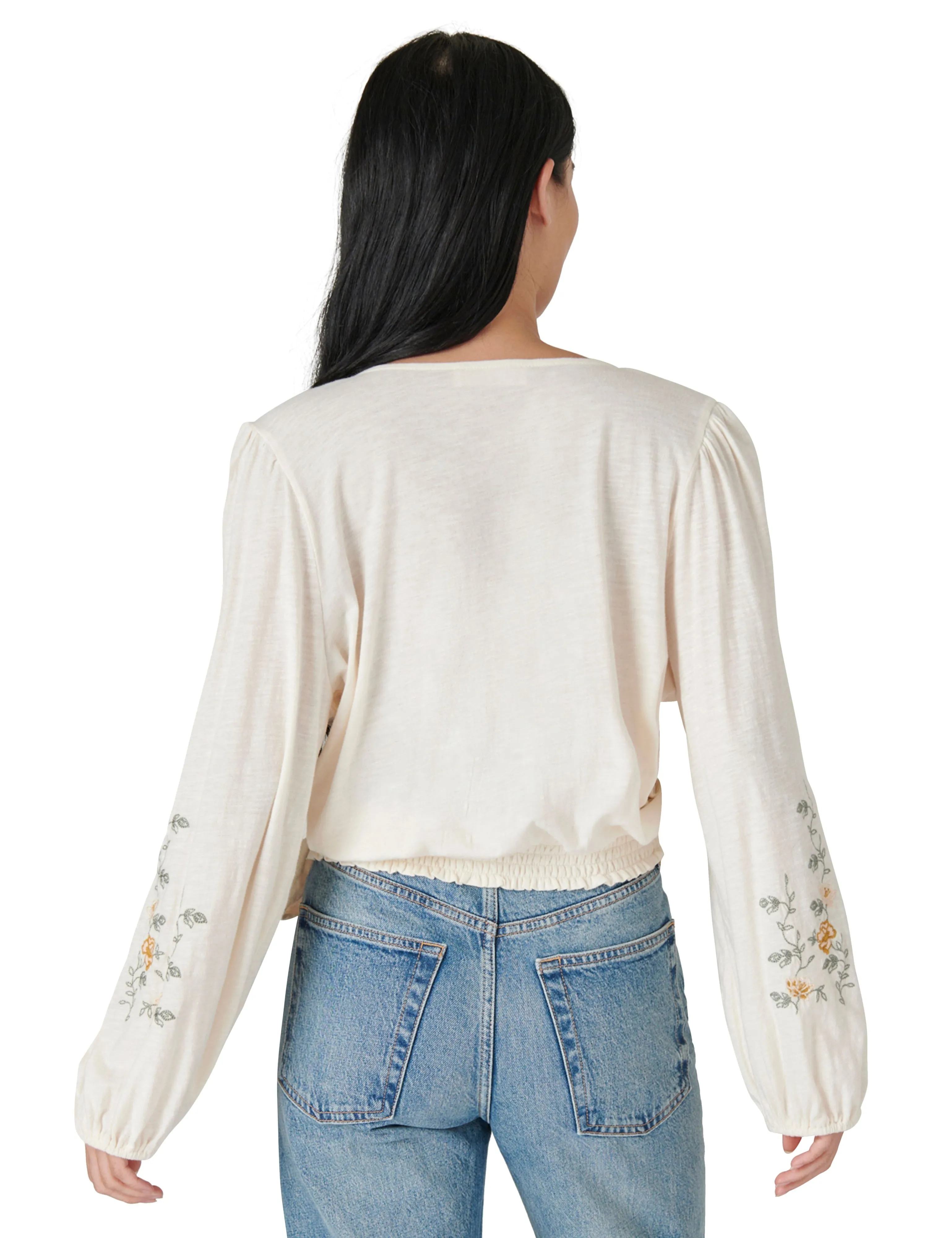 Lucky Brand Long Sleeve Embroidered  Wrap Top