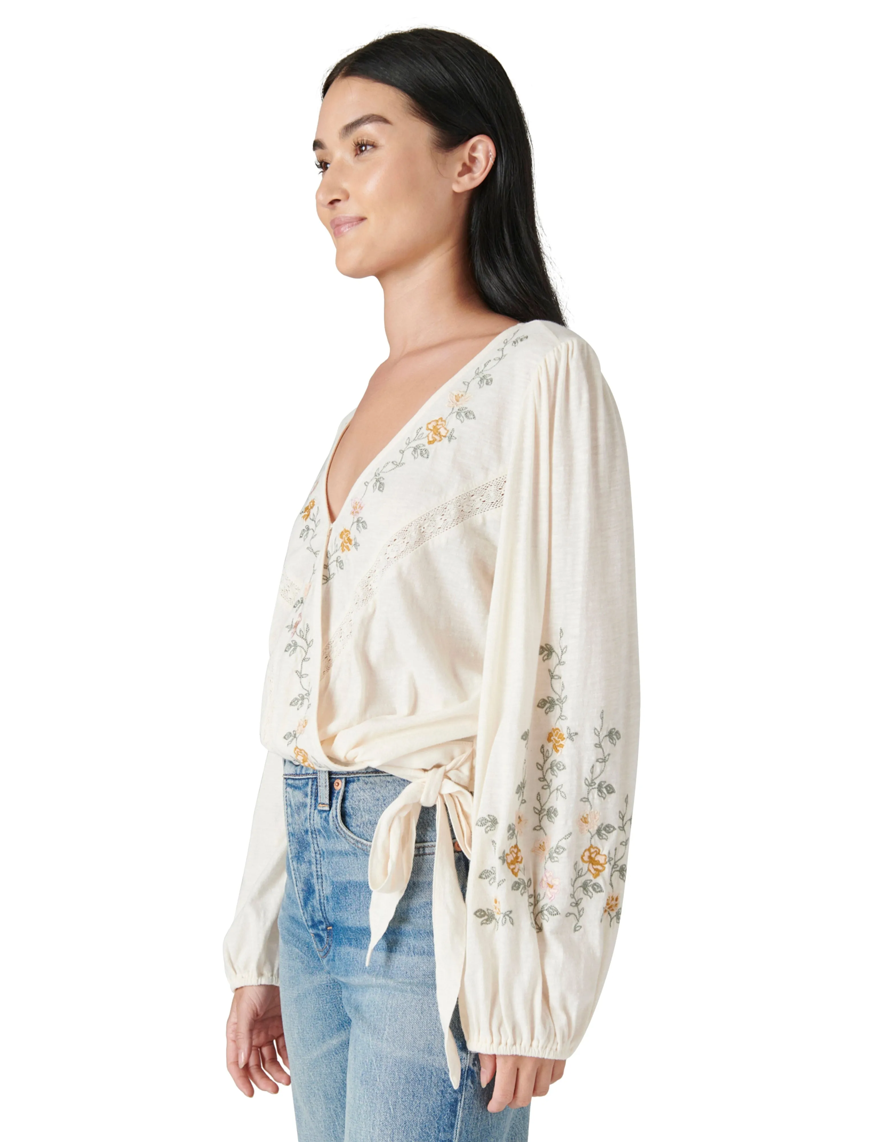 Lucky Brand Long Sleeve Embroidered  Wrap Top