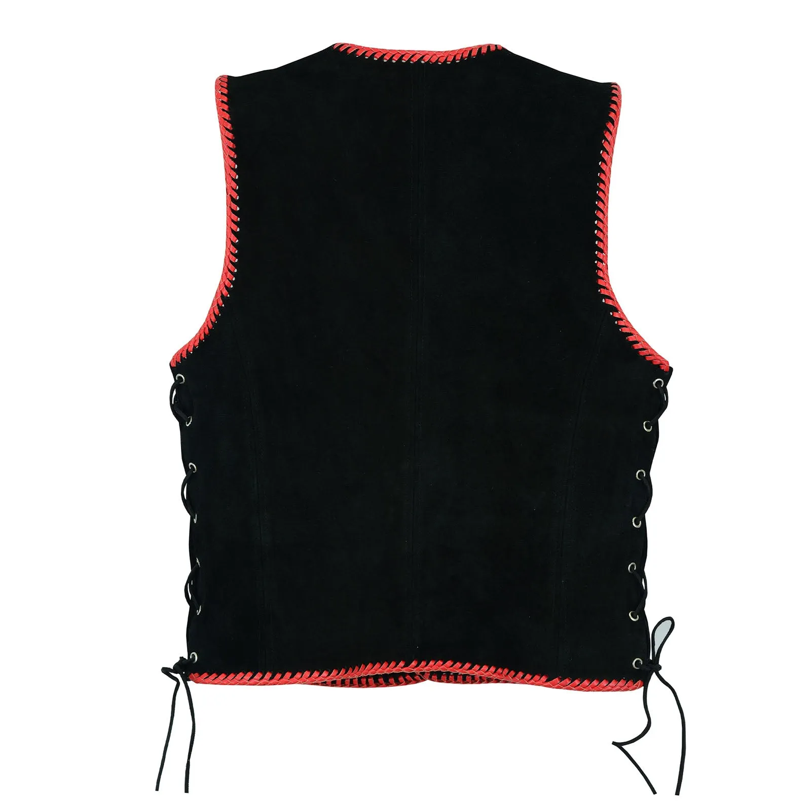 Men Black Suede Biker Leather Vest with Red Spanish Braid and Metal Clasps