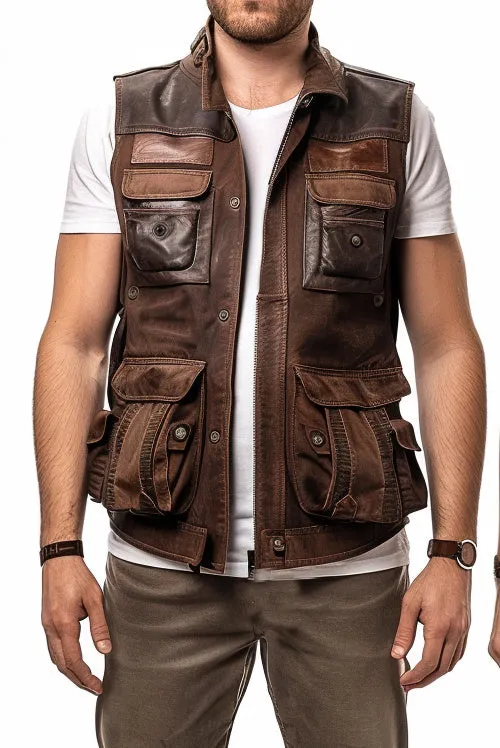 Men Suede Leather Military Style Vest