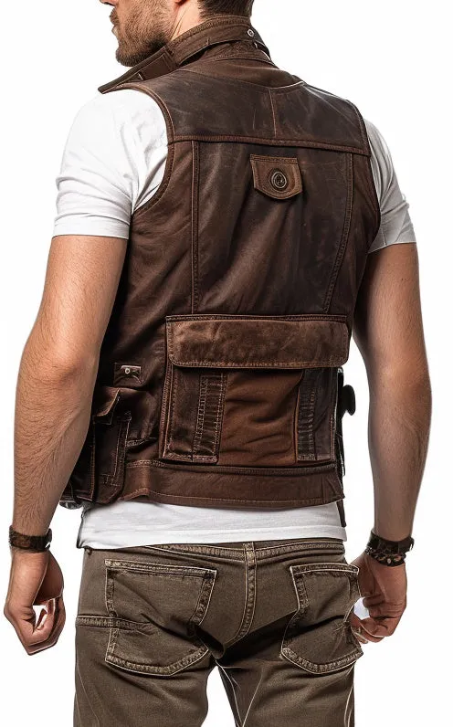 Men Suede Leather Military Style Vest