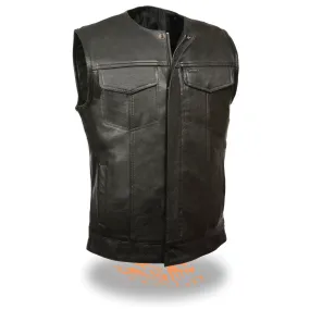 Milwaukee Leather LKM3711 Men's Black Leather Collarless Club Style Motorcycle Rider Vest w/ Dual Front Closure