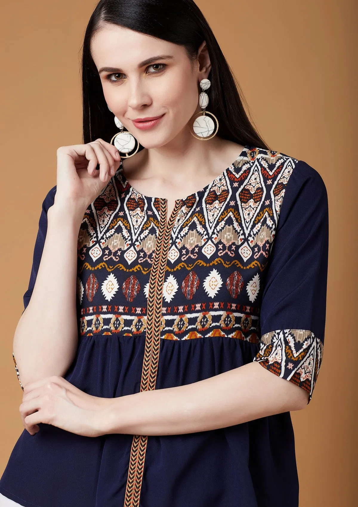 Navy Blue Printed Yoke Top