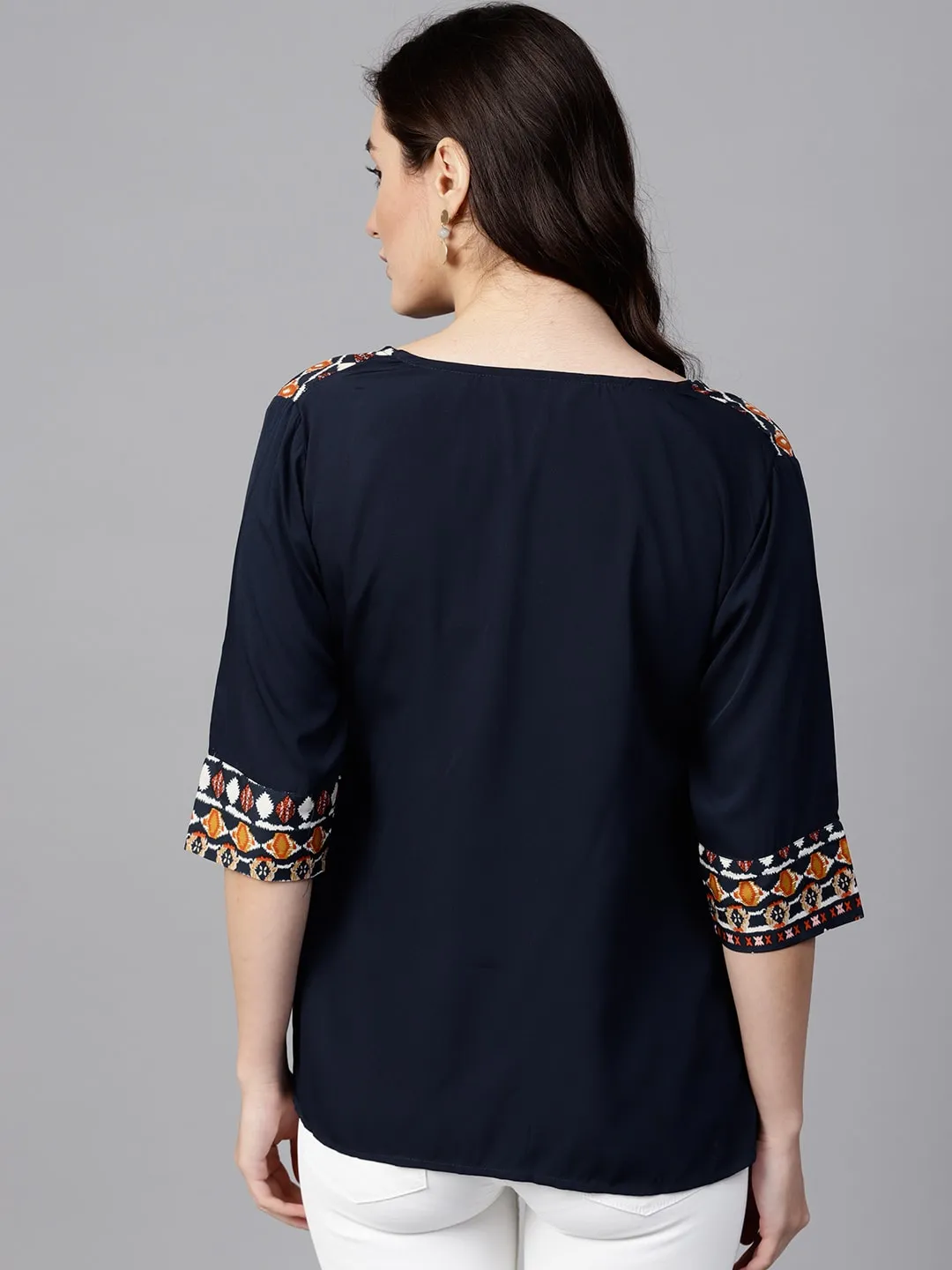 Navy Blue Printed Yoke Top