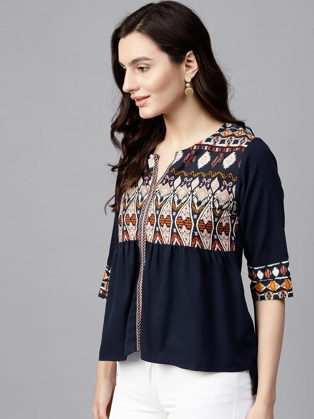 Navy Blue Printed Yoke Top