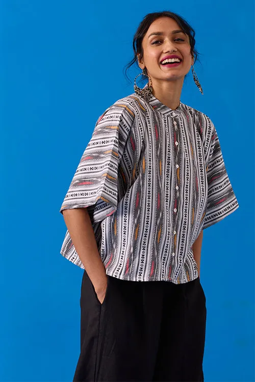 Okhai "Bandha" Hand-Embroidery and Mirror Work Ikkat Pure Cotton Shirt