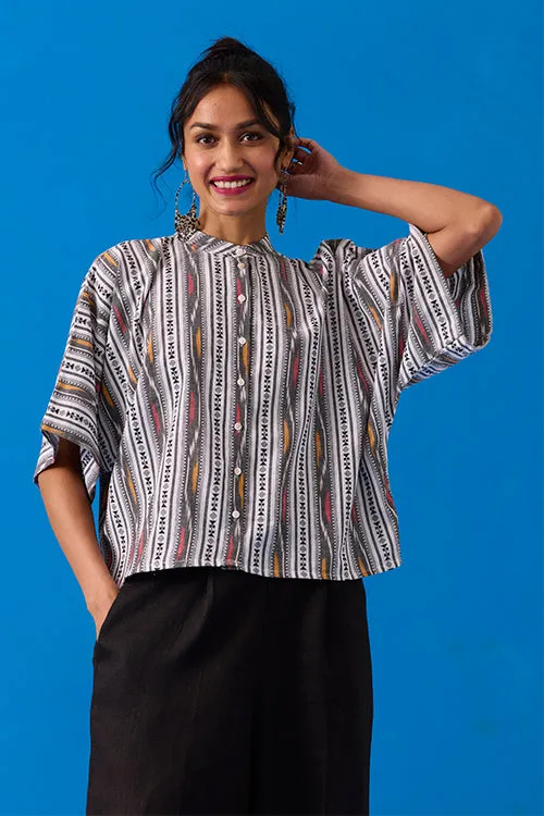 Okhai "Bandha" Hand-Embroidery and Mirror Work Ikkat Pure Cotton Shirt