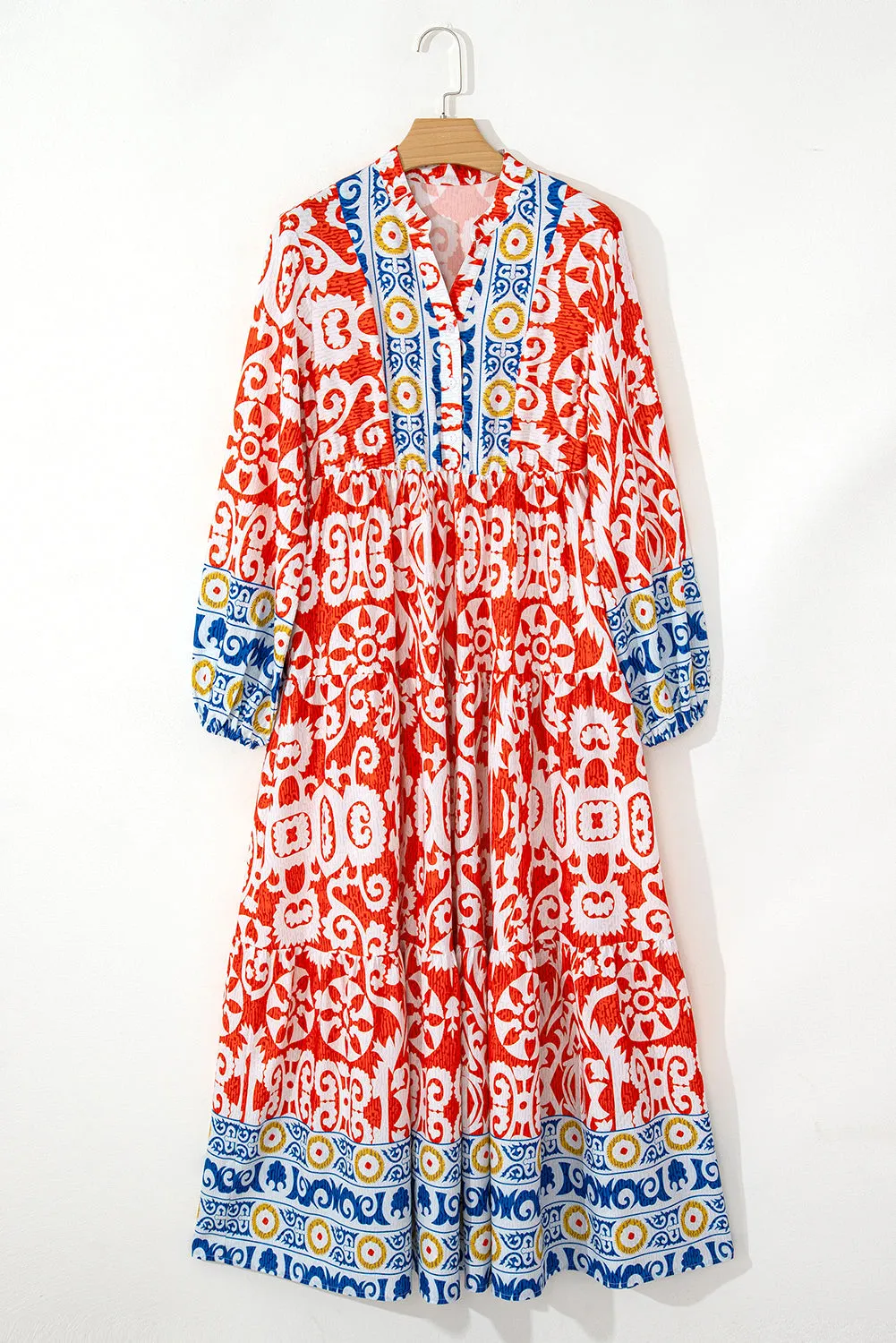 Orange Boho Geometric Printed Long Sleeve Maxi Dress