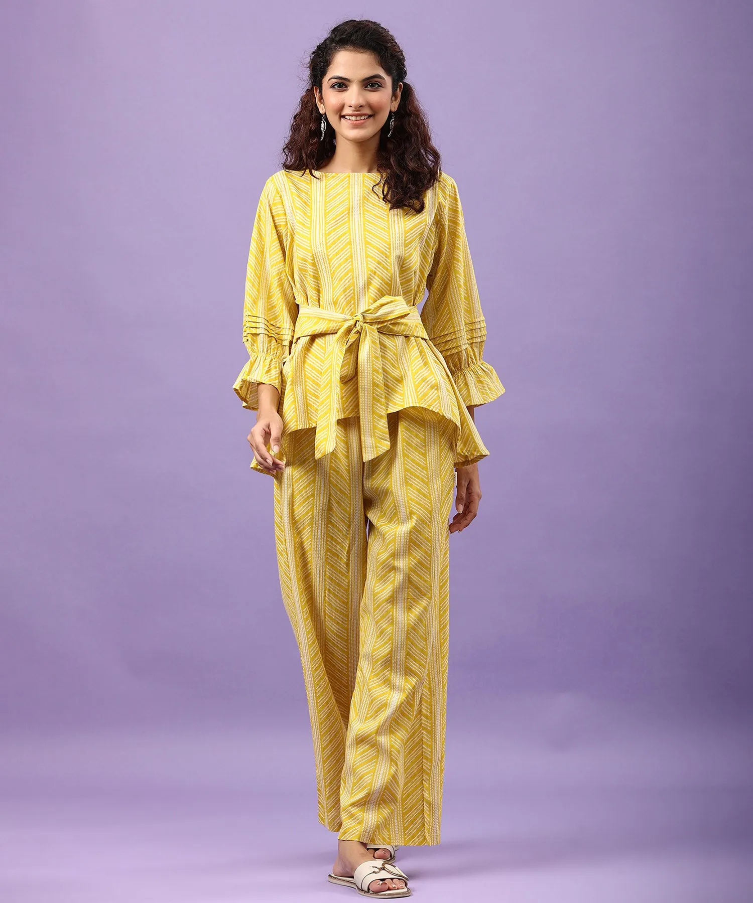 Patterned Shibori on Cotton Yellow Front Tie Co-ord Set