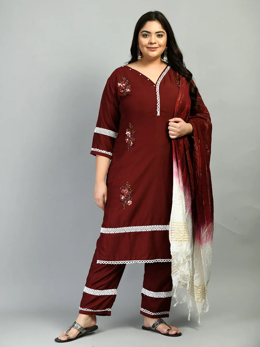 Plus Size Lacy Maroon stone Kurta Pant Set with Dupatta