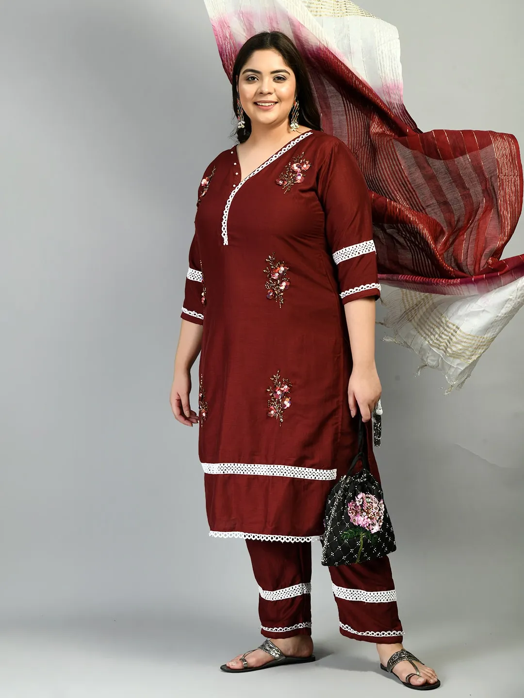 Plus Size Lacy Maroon stone Kurta Pant Set with Dupatta