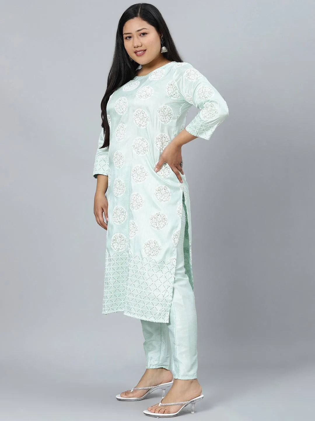 Poly Silk Light Green Khadi Print Kurta Palazzo Set