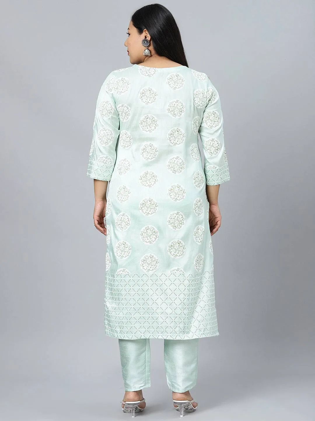 Poly Silk Light Green Khadi Print Kurta Palazzo Set