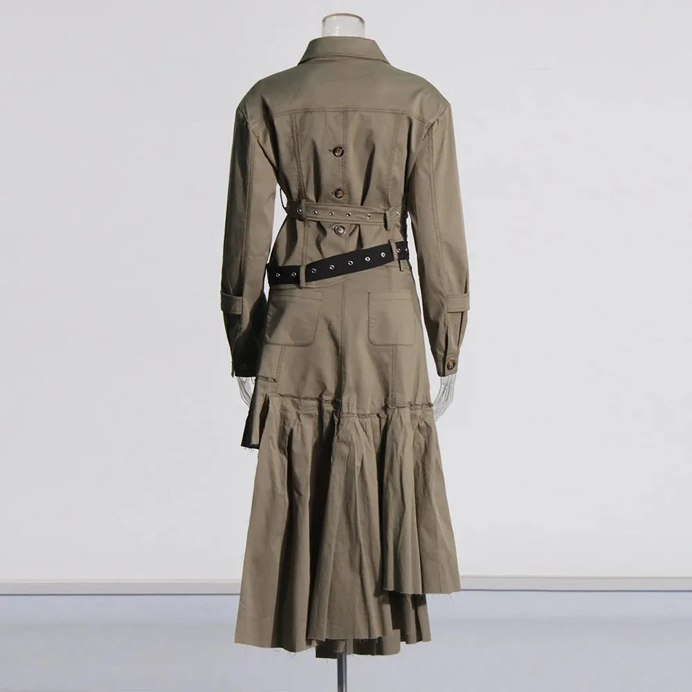 Pre Order:  Asymmetrical Double Belt Trench Top   Pleated Skirt Set