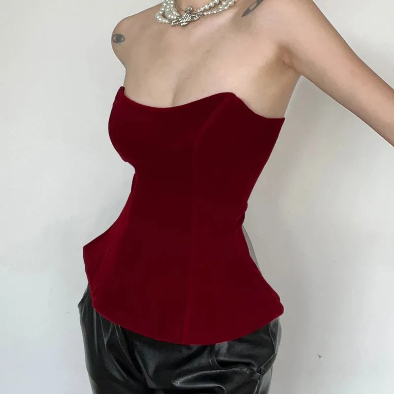 Red Strapless Velour Lace Up Corset Top