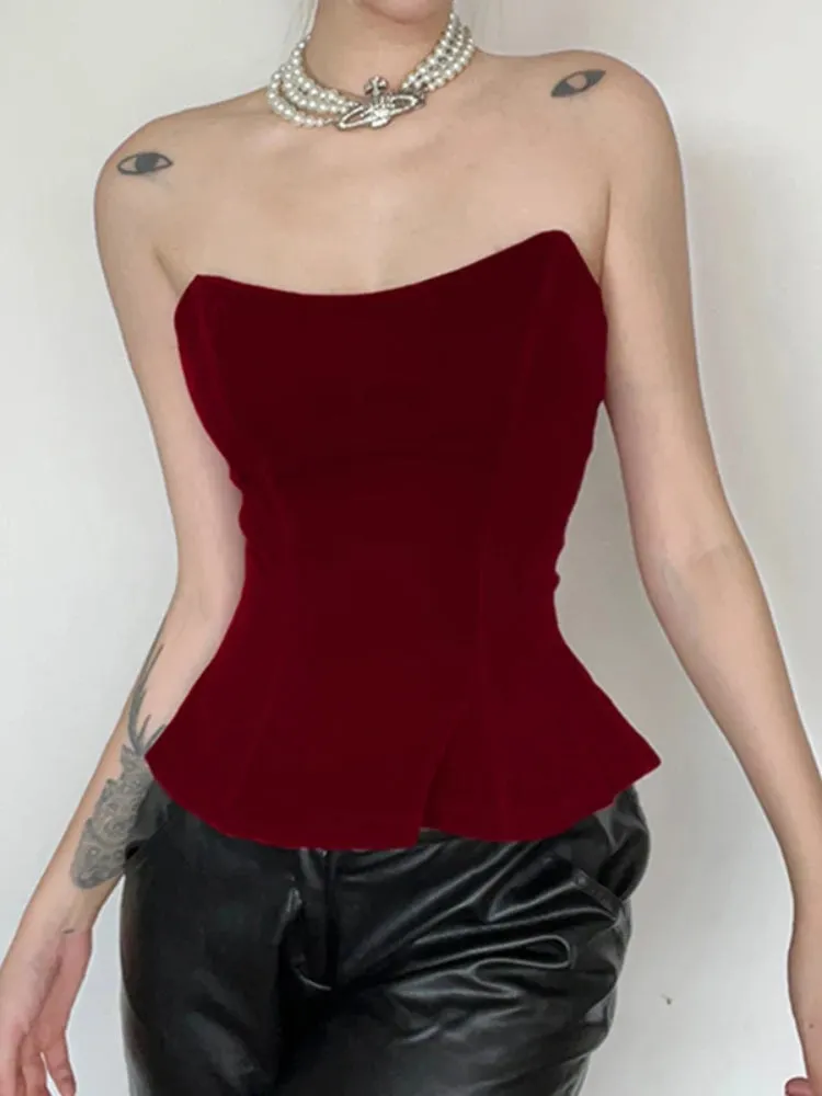 Red Strapless Velour Lace Up Corset Top