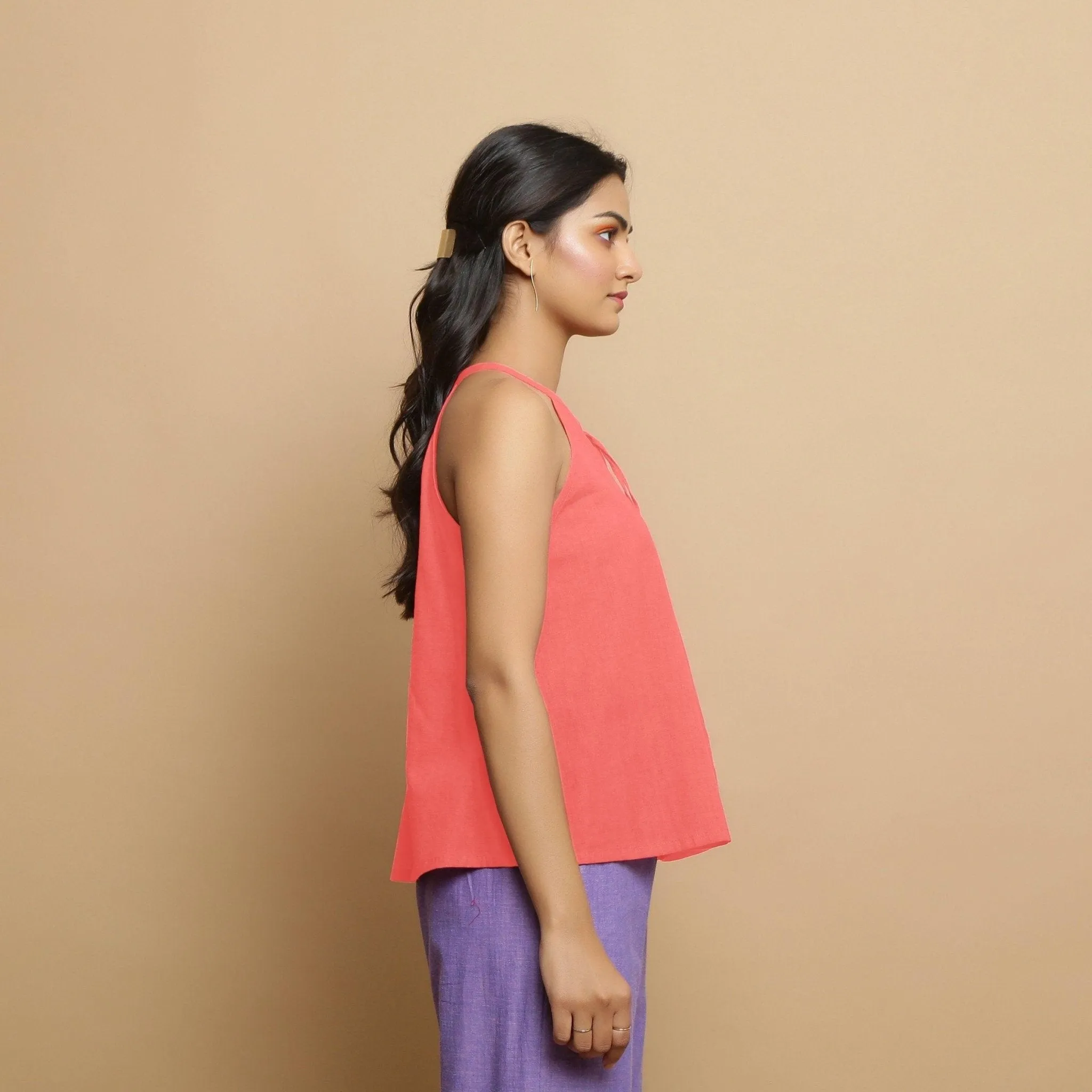 Salmon Pink Hand-Embroidered Cotton Halter Neck Flared Top