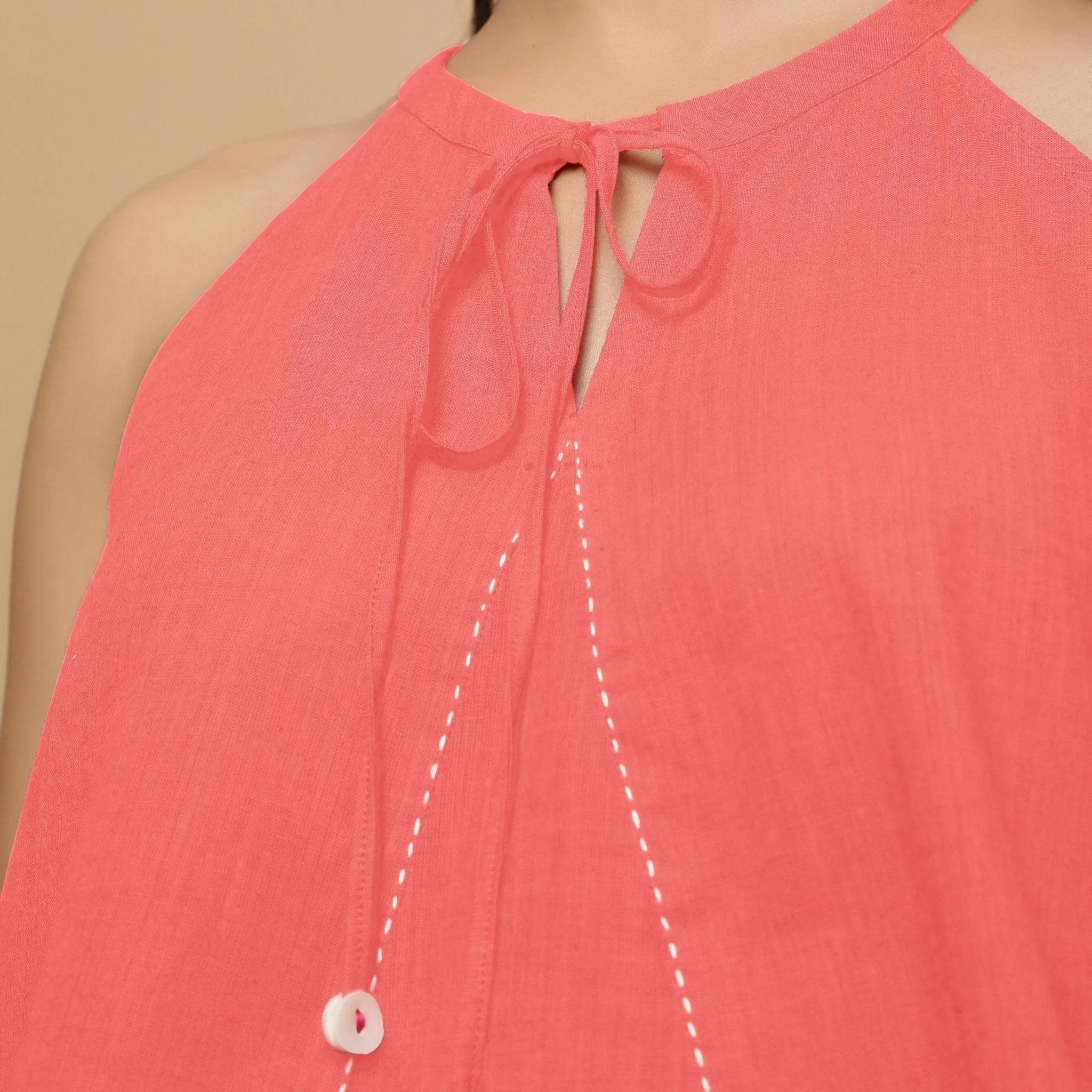 Salmon Pink Hand-Embroidered Cotton Halter Neck Flared Top