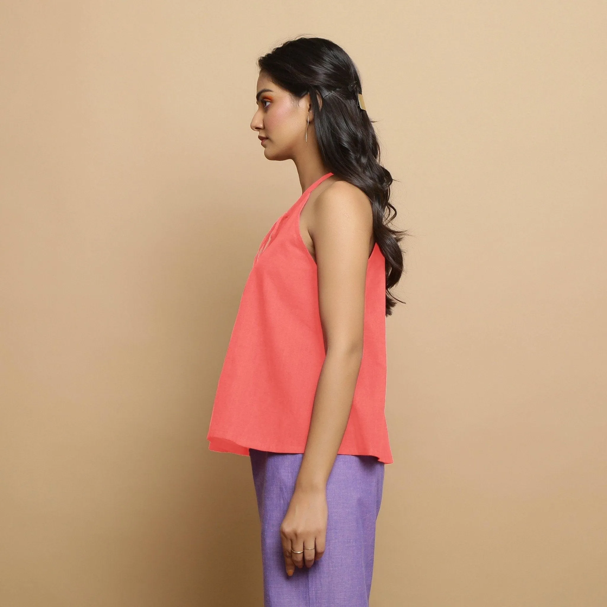 Salmon Pink Hand-Embroidered Cotton Halter Neck Flared Top