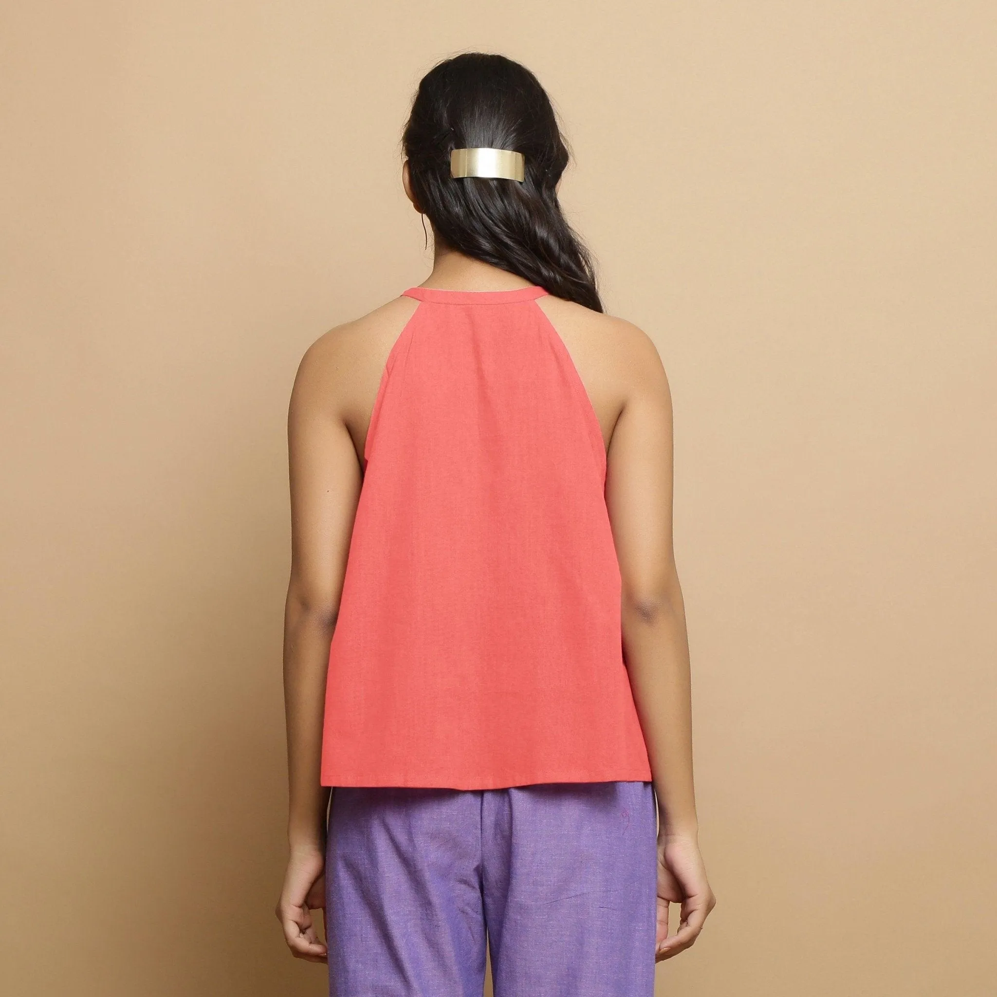 Salmon Pink Hand-Embroidered Cotton Halter Neck Flared Top