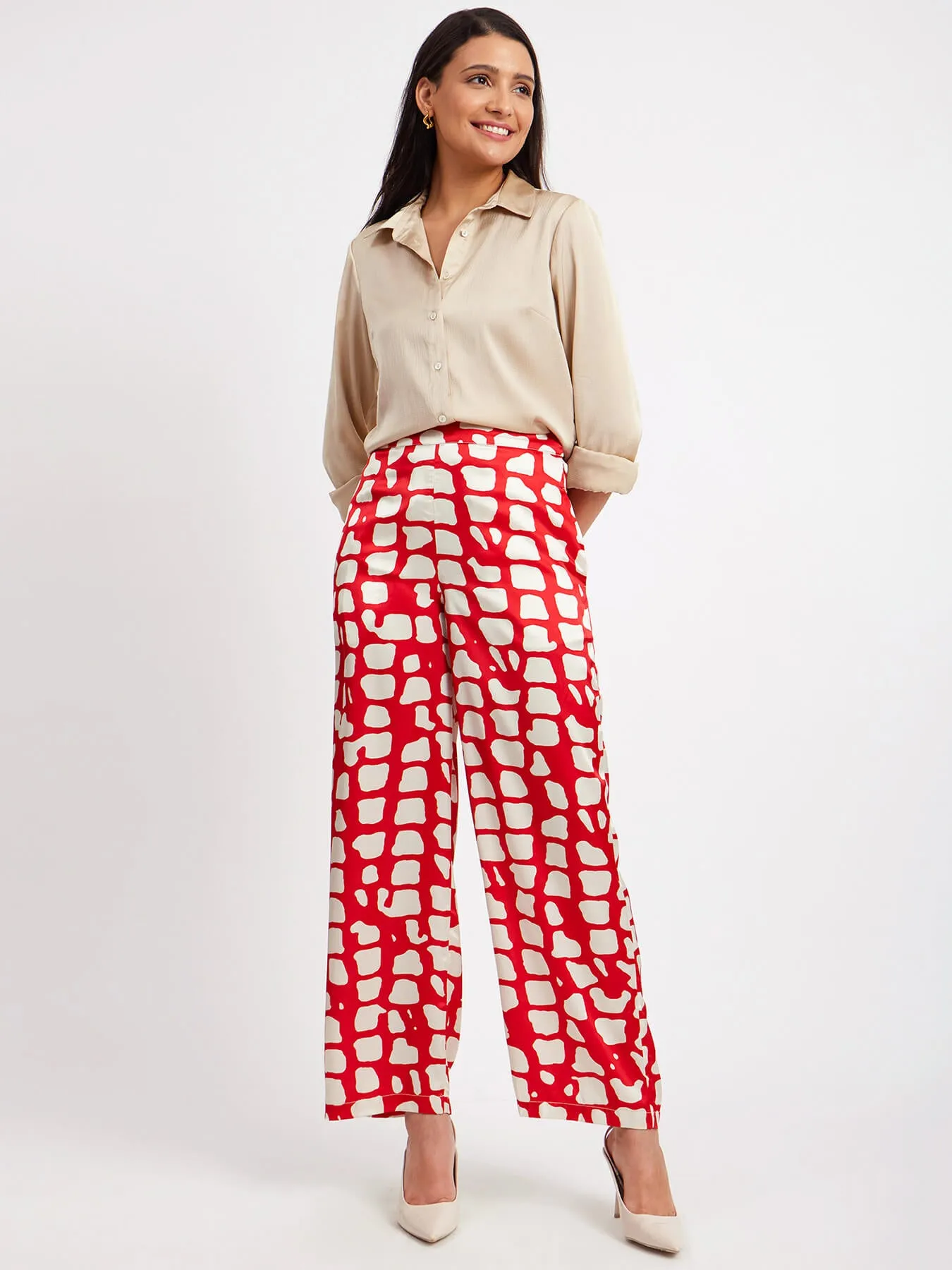 Satin Abstract Print Trouser - Red And Beige