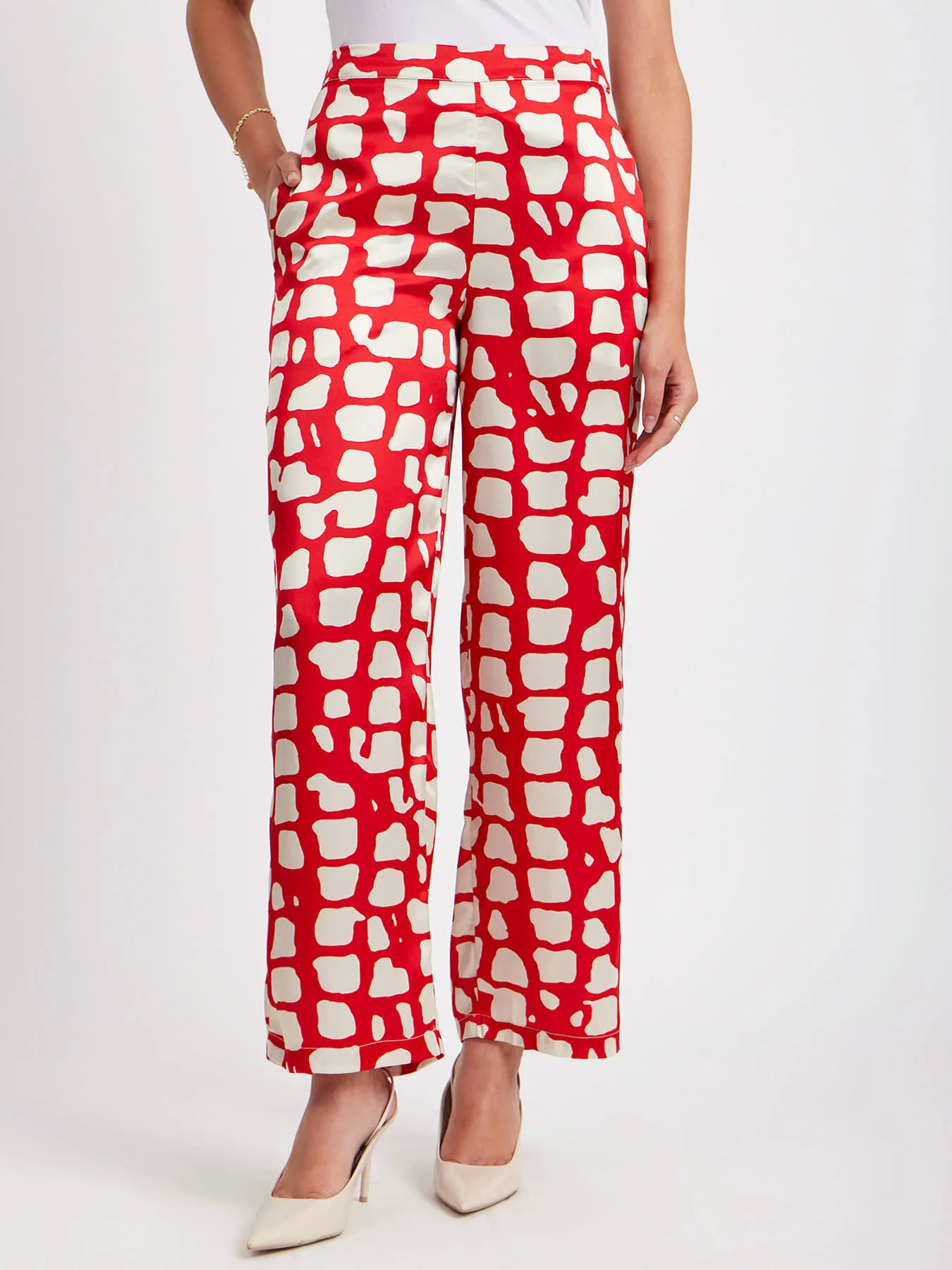 Satin Abstract Print Trouser - Red And Beige