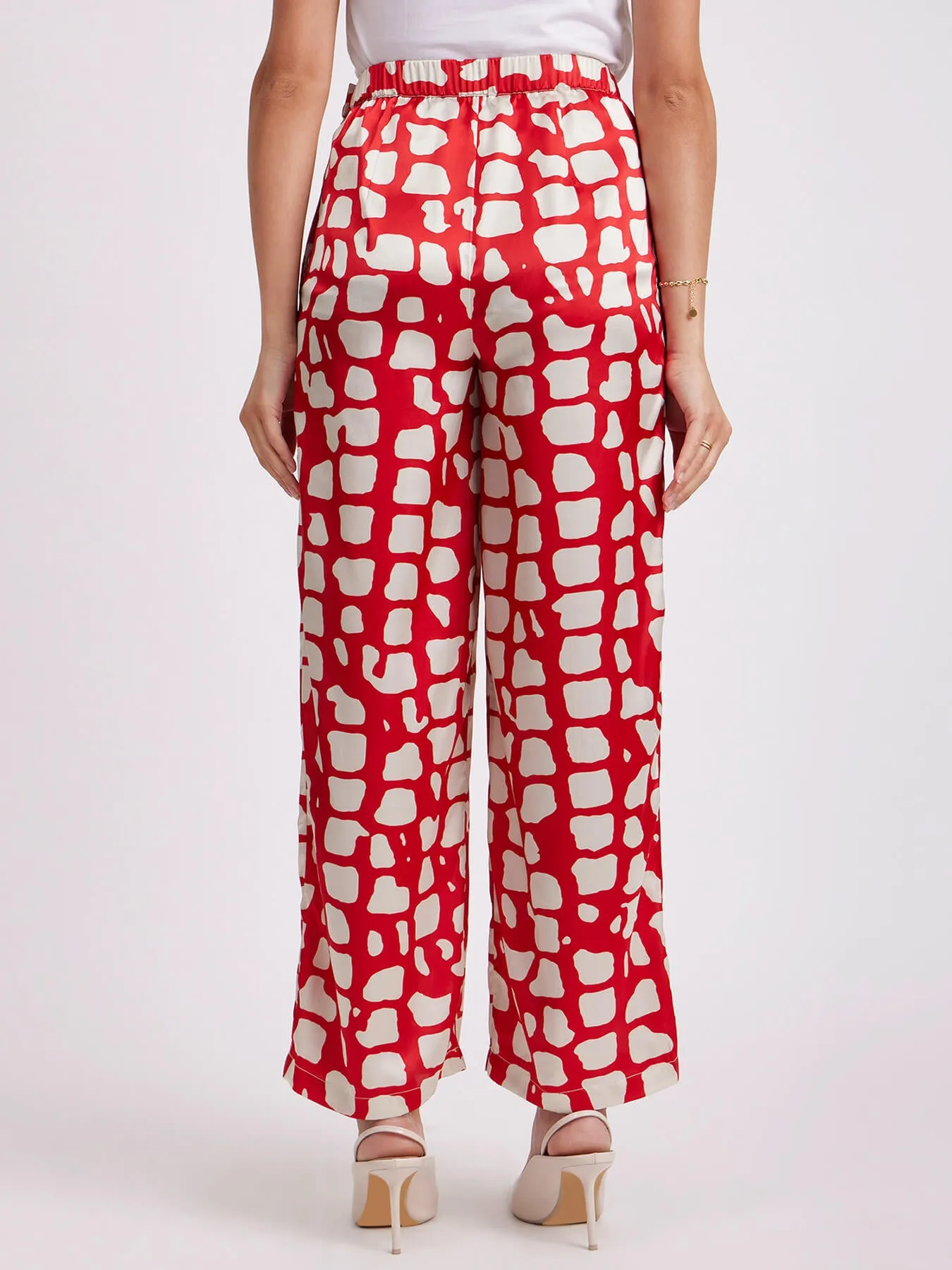 Satin Abstract Print Trouser - Red And Beige