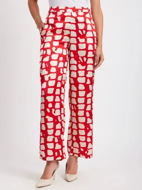 Satin Abstract Print Trouser - Red And Beige