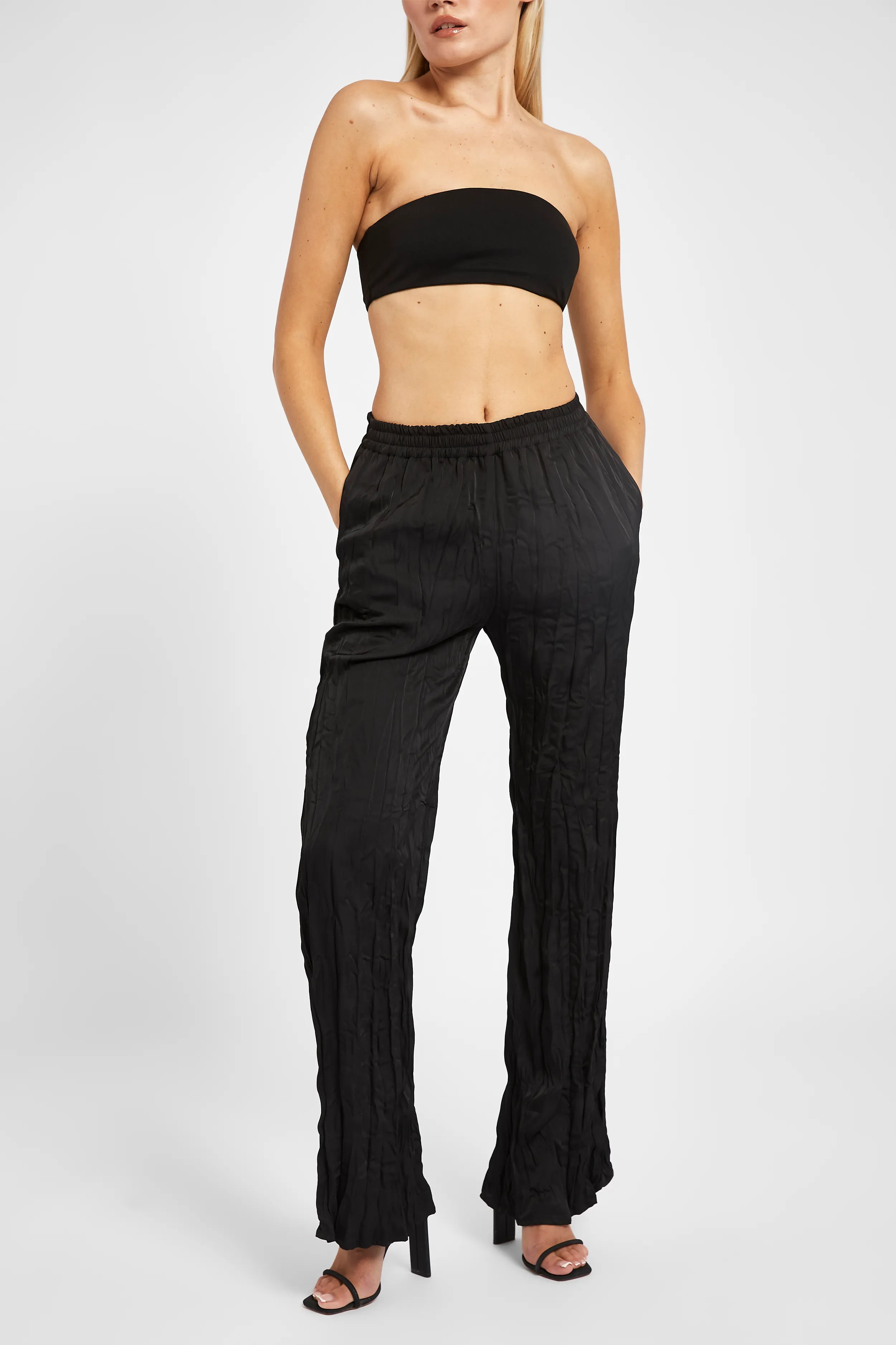 Satin Crinkle Wide Leg Trousers - Black