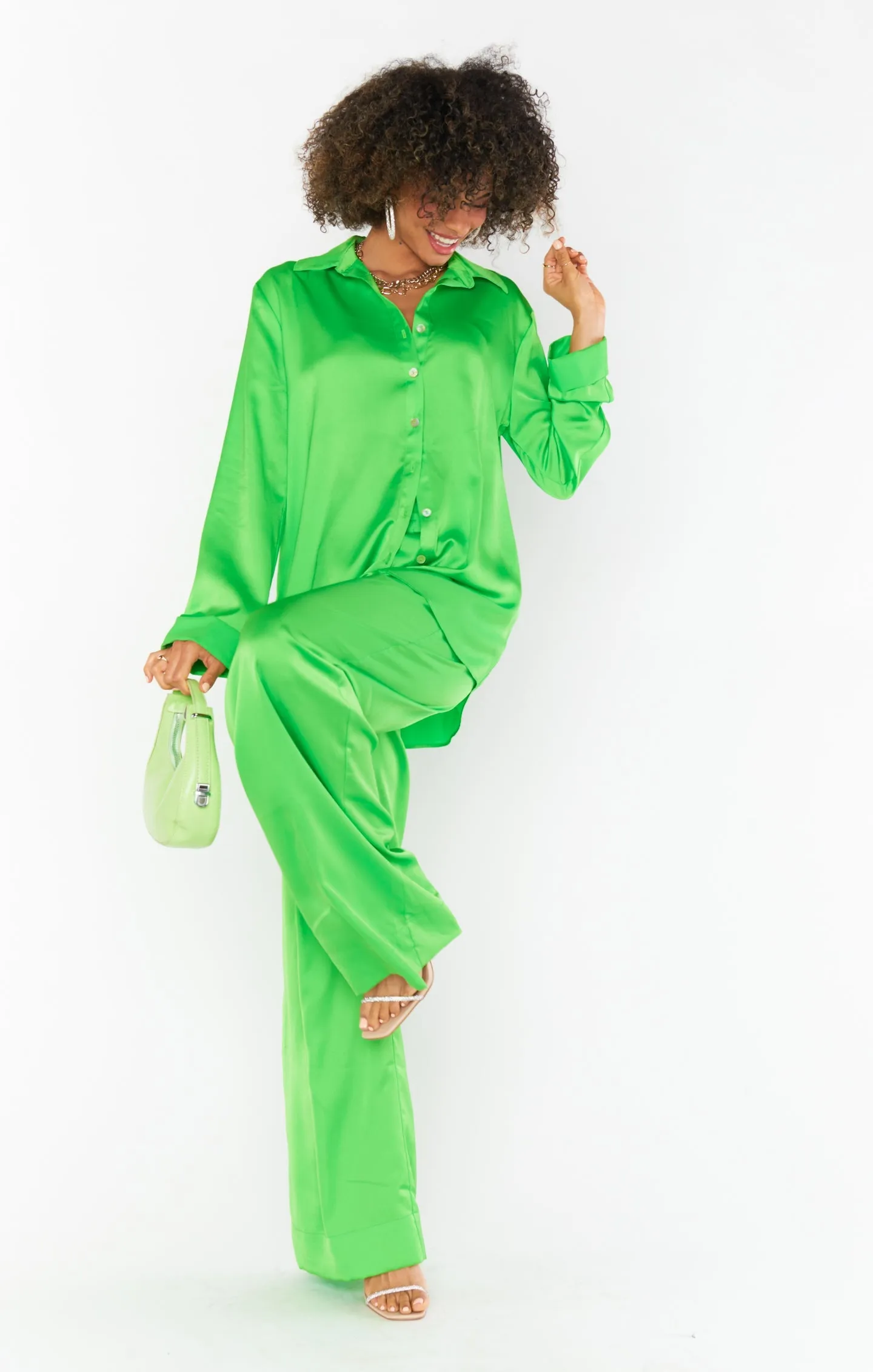 Show Me Your Mumu Hayes Trousers in Bright Green Luxe Satin