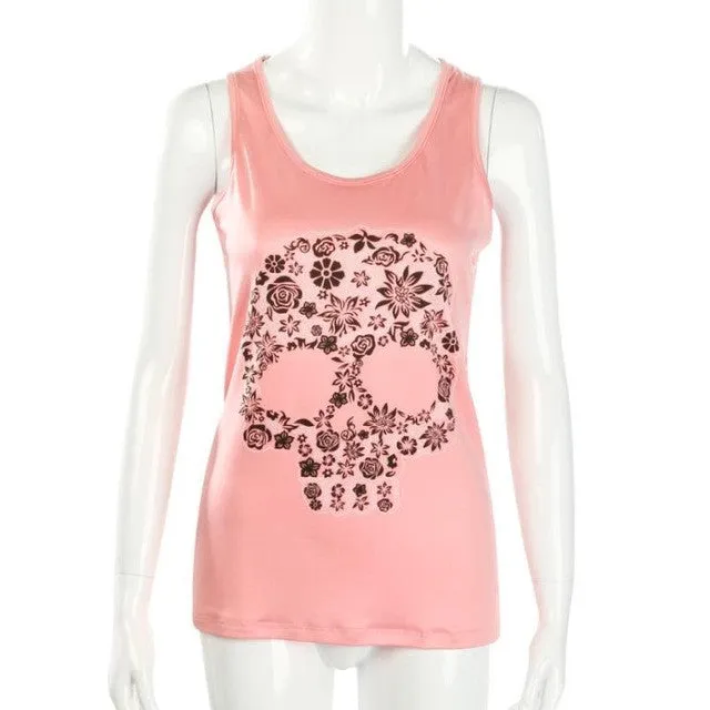 Skull Print T Shirt 2017 Summer Elegant Women Sexy Lace Hollow Out Back Pink White Sleeveless Tank Tops