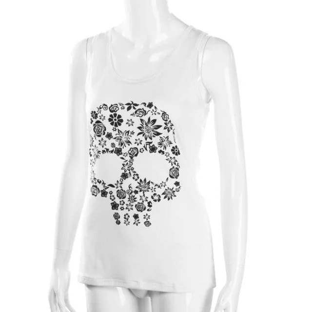 Skull Print T Shirt 2017 Summer Elegant Women Sexy Lace Hollow Out Back Pink White Sleeveless Tank Tops