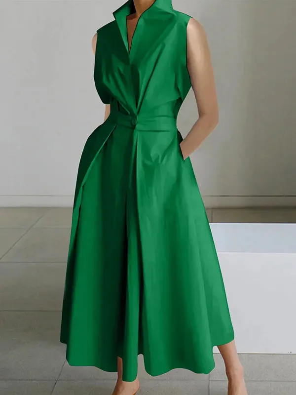 Sleeveless Solid Color Lapel Midi Dresses 116618