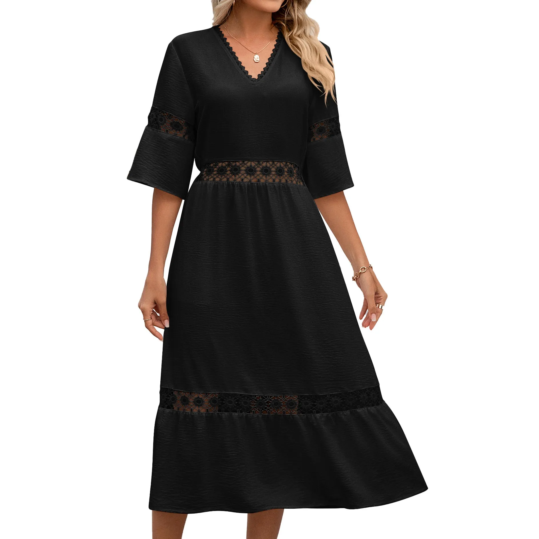 Solid Color V-Neck Hollow Stitching Mid-Sleeve Commuter Dress Wholesale Dresses