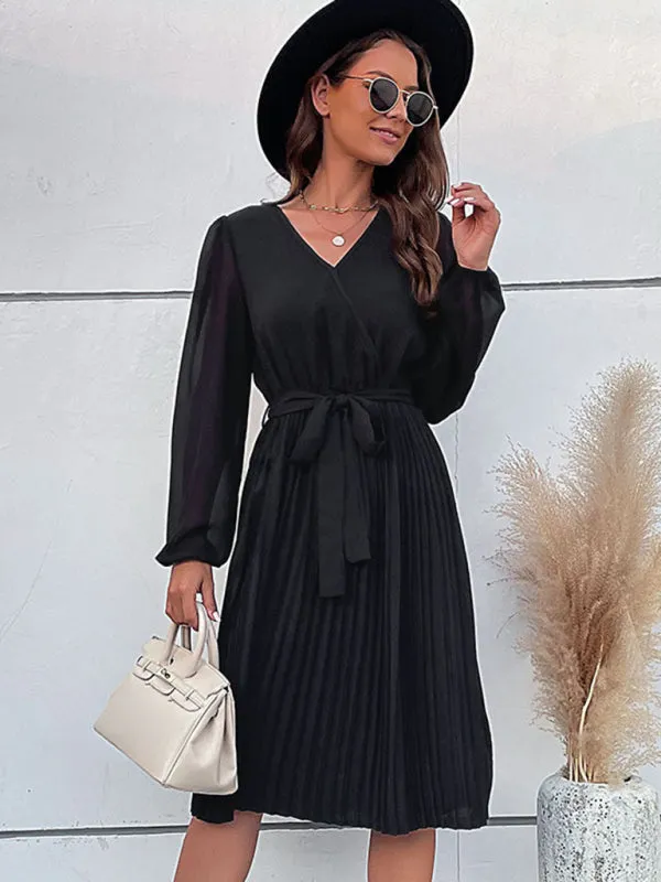 Solid Pleated Wrap Long Sleeve Belt Tie Dress