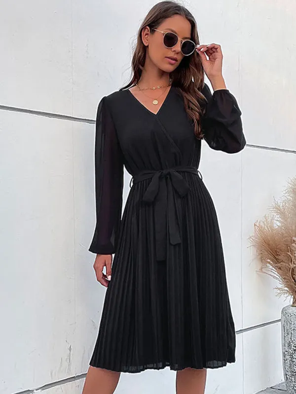 Solid Pleated Wrap Long Sleeve Belt Tie Dress