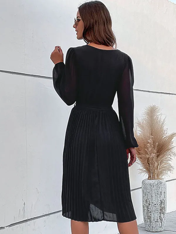 Solid Pleated Wrap Long Sleeve Belt Tie Dress