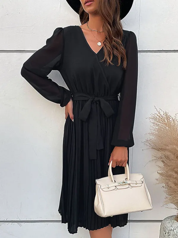 Solid Pleated Wrap Long Sleeve Belt Tie Dress